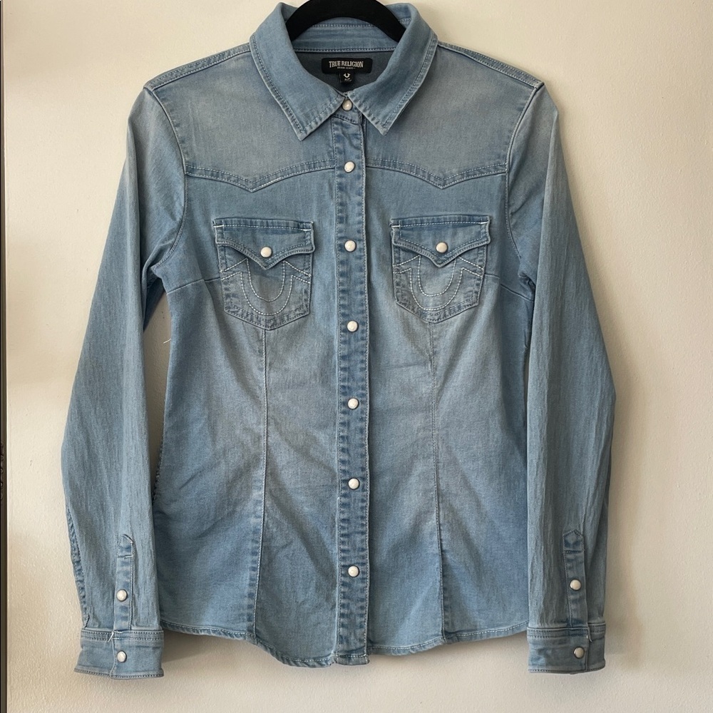 True Religion|Faded Blue Button-Up Western Shirt|Small|EUC